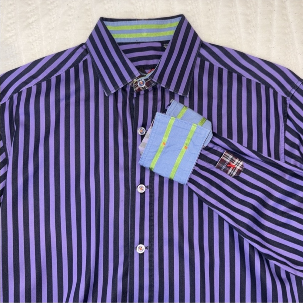 Robert Graham Purple Black Stripe Shirt Reverse Paisley Cuff - Picture 8 of 8
